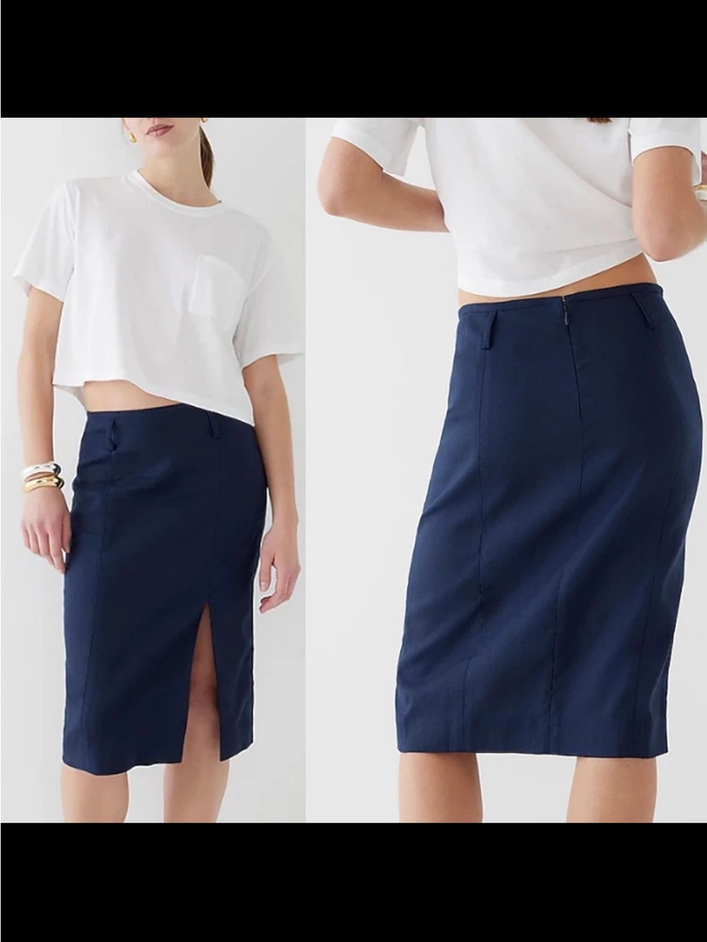 J Crew NWT Stretch Linen  blend Front Slit Midi Pencil Skirt in Navy  |